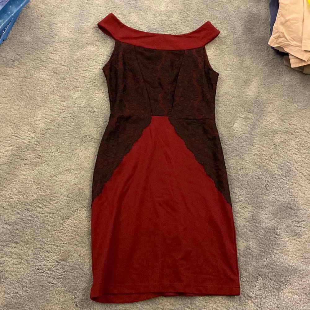 Burgundy and black dress.